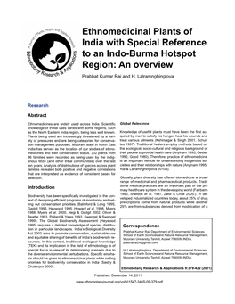 Ethnomedicinal Plants of India with Special Reference to an Indo-Burma Hotspot Region: an Overview Prabhat Kumar Rai and H