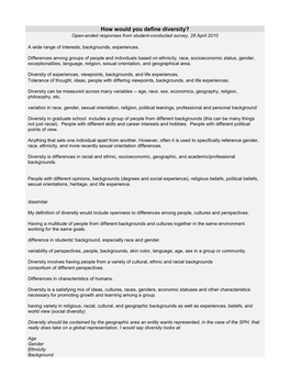 How Would You Define Diversity? Open-Ended Responses from Student-Conducted Survey, 28 April 2010