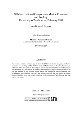 10Th International Congress on Marine Corrosion and Fouling, University of Melbourne, February 1999