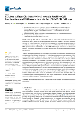 PDLIM5 Affects Chicken Skeletal Muscle Satellite Cell Proliferation and Differentiation Via the P38-MAPK Pathway