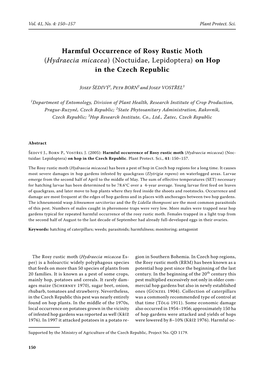 Harmful Occurrence of Rosy Rustic Moth (Hydraecia Micacea) (Noctuidae, Lepidoptera) on Hop in the Czech Republic