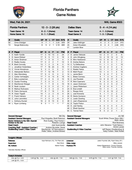 Florida Panthers Game Notes