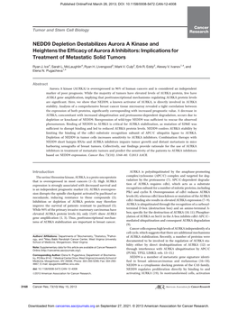 NEDD9 Depletion Destabilizes Aurora a Kinase and Heightens the Efﬁcacy of Aurora a Inhibitors: Implications for Treatment of Metastatic Solid Tumors