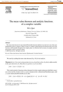 The Mean Value Theorem and Analytic Functions of a Complex Variable