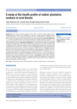 A Study of the Health Profile of Rubber Plantation Workers in Rural Kerala