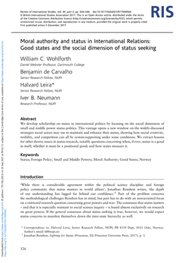 Moral Authority and Status in International Relations: Good States and the Social Dimension of Status Seeking William C
