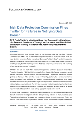 Irish Data Protection Commission Fines Twitter for Failures in Notifying Data Breach