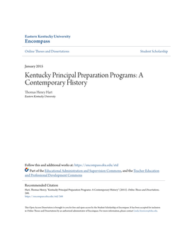 Kentucky Principal Preparation Programs: a Contemporary History Thomas Henry Hart Eastern Kentucky University