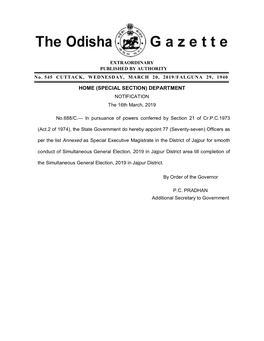 HOME (SPECIAL SECTION) DEPARTMENT NOTIFICATION the 16Th March, 2019