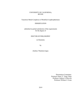 UNIVERSITY of CALIFORNIA, IRVINE Transition Metal Complexes