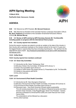 AIPH Spring Meeting 15 March 2016, Panpacific Hotel, Vancouver, Canada