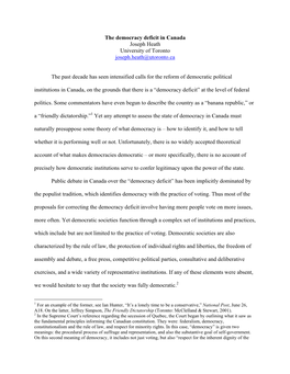 The Democracy Deficit in Canada Joseph Heath University of Toronto Joseph.Heath@Utoronto.Ca