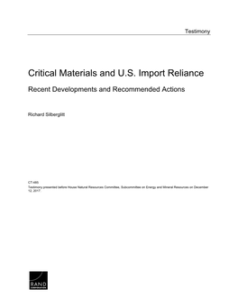 Critical Materials and US Import Reliance