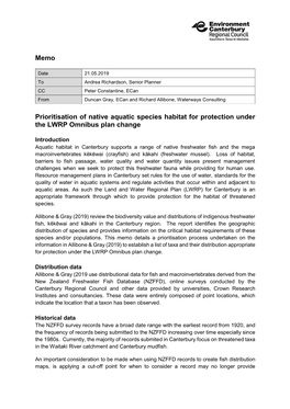Memo Prioritisation of Native Aquatic Species Habitat for Protection Under the LWRP Omnibus Plan Change