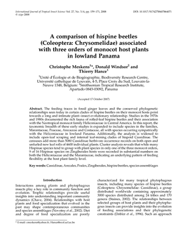 A Comparison of Hispine Beetles (Coleoptera: Chrysomelidae) Associated with Three Orders of Monocot Host Plants in Lowland Panama