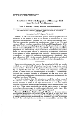 Isolation of RNA with Properties of Messenger RNA from Cerebral Polyribosomes* Claire E