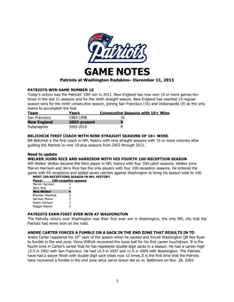 GAME NOTES Patriots at Washington Redskins– December 11, 2011