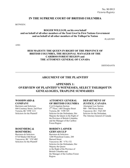 Appendix 1: Overview of Plaintiff’S Witnesses, Select Tsilhqot’In Genealogies, Trapline Summaries