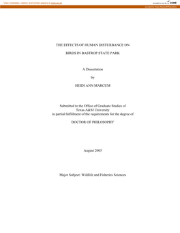 The Effects of Human Disturbance on Birds in Bastrop State Park (BSP) in Central Texas in 1998 and 1999