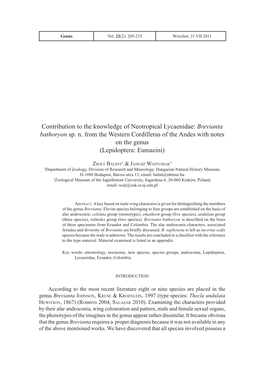 Contribution to the Knowledge of Neotropical Lycaenidae: Brevianta Bathoryon Sp. N. from the Western Cordilleras of the Andes Wi