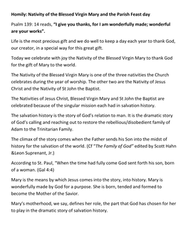 Nativity of the Blessed Virgin Mary and the Parish Feast Day Psalm