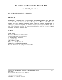 The Meridian Arc Measurement in Peru 1735 – 1745