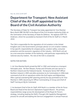 Department for Transport: New Assistant Chief of the Air Staff Appointed to the Board of the Civil Aviation Authority