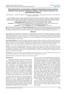 Characterization of Quinolone-Resistant Enterobacteriaceae Strains Isolated from Poultry in Western Algeria: First Report of Qnrs in an Enterobacter Cloacae