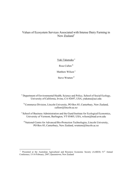 Values of Ecosystem Services Associated with Intense Dairy Farming in New Zealand1