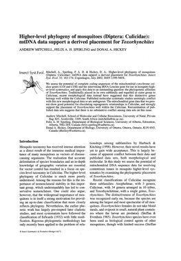 Higher-Level Phylogeny of Mosquitoes (Diptera: Culicidae): Mtdna Data Support a Derived Placement for Toxorhynchites