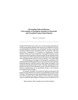 Reconciling Faith and Reason: Universalism As Theological Anomaly in Nineteenth and Twentieth-Century Rural Ontario