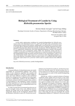 Biological Treatment of Cyanide by Using Klebsiella Pneumoniae Species