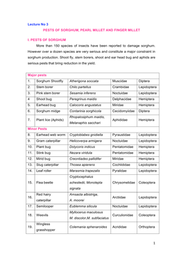 Lecture No 3 PESTS of SORGHUM, PEARL MILLET and FINGER MILLET