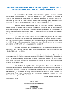 Carta Dos Governadores Aos Presidentes Da Câmara Dos Deputados E Do Senado Federal Sobre O Valor Do Auxílio Emergencial