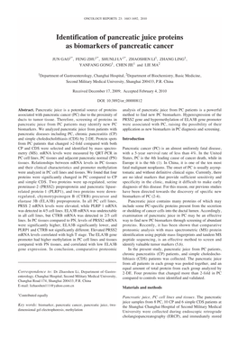 Identification of Pancreatic Juice Proteins As Biomarkers of Pancreatic Cancer