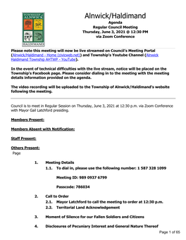 Regular Council Meeting Thursday, June 3, 2021 @ 12:30 PM Via Zoom Conference