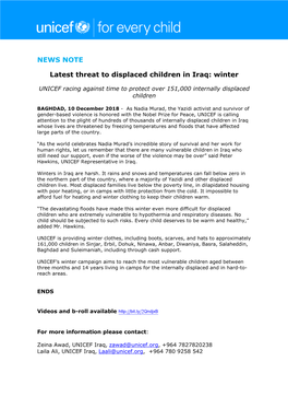 NEWS NOTE Latest Threat to Displaced Children in Iraq: Winter