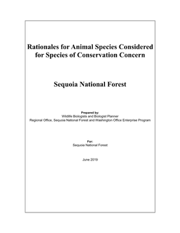 Rationales for Animal Species Considered for Species of Conservation Concern, Sequoia National Forest