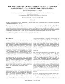 The Winter Diet of the Great-Winged Petrel Pterodroma Macroptera at Sub-Antarctic Marion Island in 1991