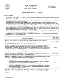 Classification of Liquor Licenses