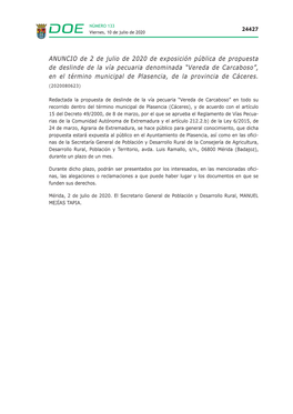 ANUNCIO De 2 De Julio De 2020 De Exposición Pública De Propuesta De Deslinde De La Vía Pecuaria Denominada