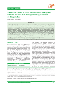 Mutational Studies of Novel Screened Molecules Against Wild and Mutated HIV-1 Integrase Using Molecular Docking Studies Pawan Gupta1,2*, Prabha Garg2