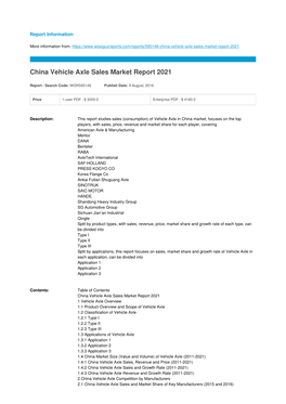 China Vehicle Axle Sales Market Report 2021