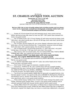 ST. CHARLES ANTIQUE TOOL AUCTION September 22, 2012, 9:35 AM Harvester Lions Club 4835 Central School Rd
