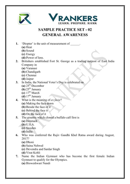 Sample Practice Set - 02 General Awareness