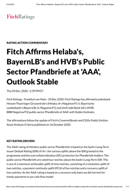 Fitch Affirms Helaba's, Bayernlb's and HVB's Public Sector Pfandbriefe at 'AAA', Outlook Stable