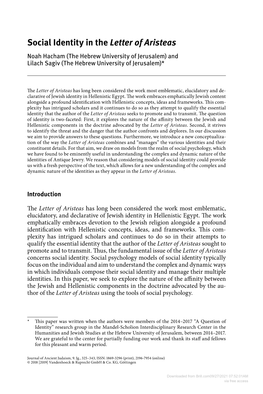 Social Identity in the Letter of Aristeas Noah Hacham (The Hebrew University of Jerusalem) and Lilach Sagiv (The Hebrew University of Jerusalem)*