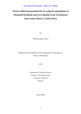 Factors Influencing Productivity in Sympatric Populations of Mountain Reedbuck and Grey Rhebok in the Sterkfontein