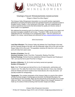 Umpqua Valley Winegrowers Association “Oregon’S Oldest Fine Wine Region”