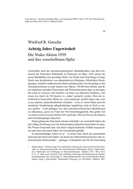 Winfried R. Garscha Achtzig Jahre Ungewissheit Die Nisko-Aktion 1939 Und Ihre Verschollenen Opfer